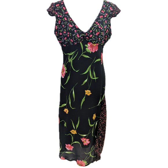 VINTAGE Rag | J’aime Paris Cherry & Floral Print Midi Dress Black | Size 9/10 - Picture 1 of 12